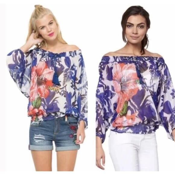 Desigual Off-Shoulder Tassel Tie Front Peasant Blouse Sheer Floral Size Medium - Picture 1 of 9